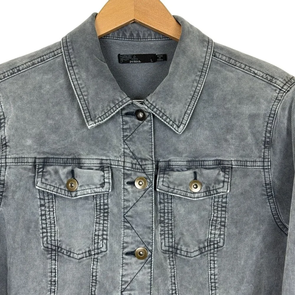 Prana Corduroy Jacket Womens Large Gray Trucker Stretch Casual Organic Cotton - Picture 2 of 10